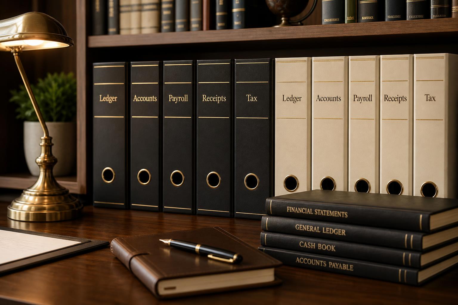 Neatly organized black and cream accounting binders labeled Ledger, Accounts, Payroll, Receipts and Tax beside a stack of ledger books