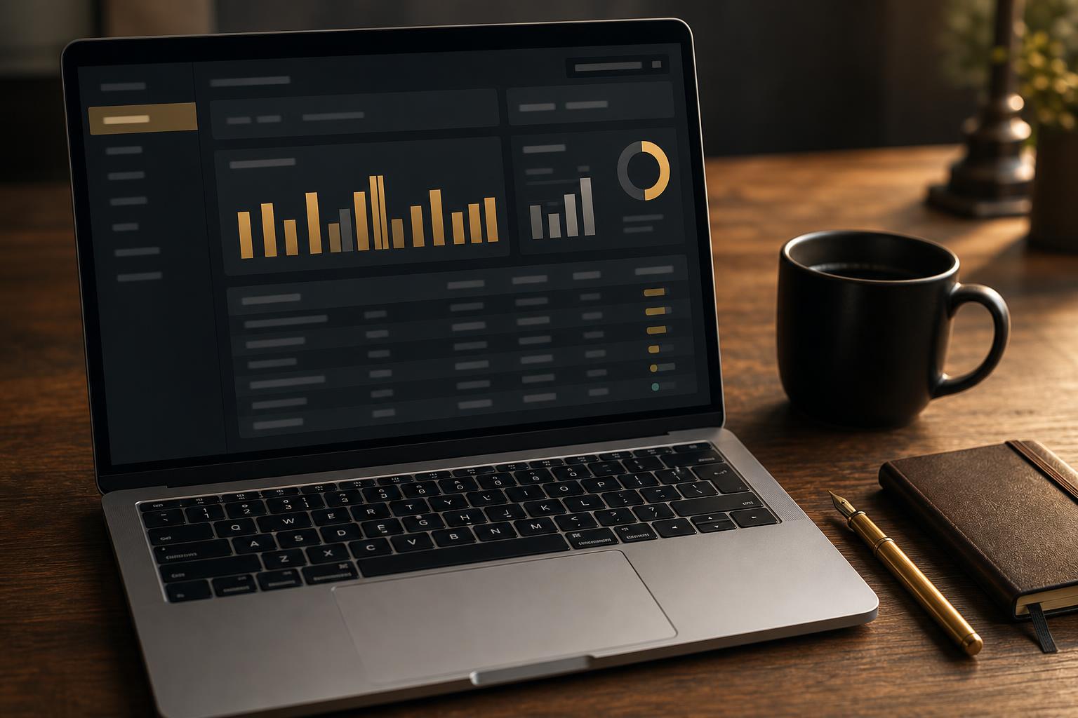 Laptop displaying a payroll and reconciliation dashboard on a walnut desk